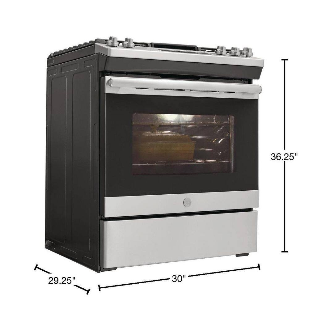 GE 30 in. 5.3 cu. ft. Slide-In Gas Range in Stainless Steel with Griddle JGSS66SELSS