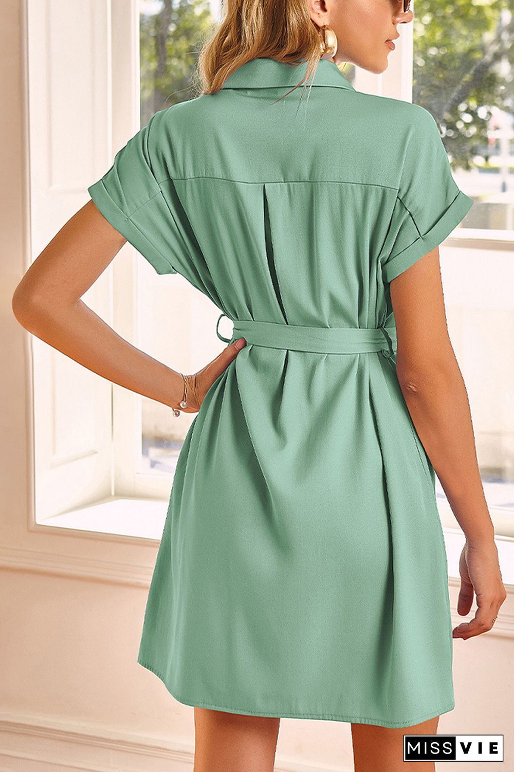 Elegant Single-breasted Short Sleeve Belted Shirt Dress Wholesale