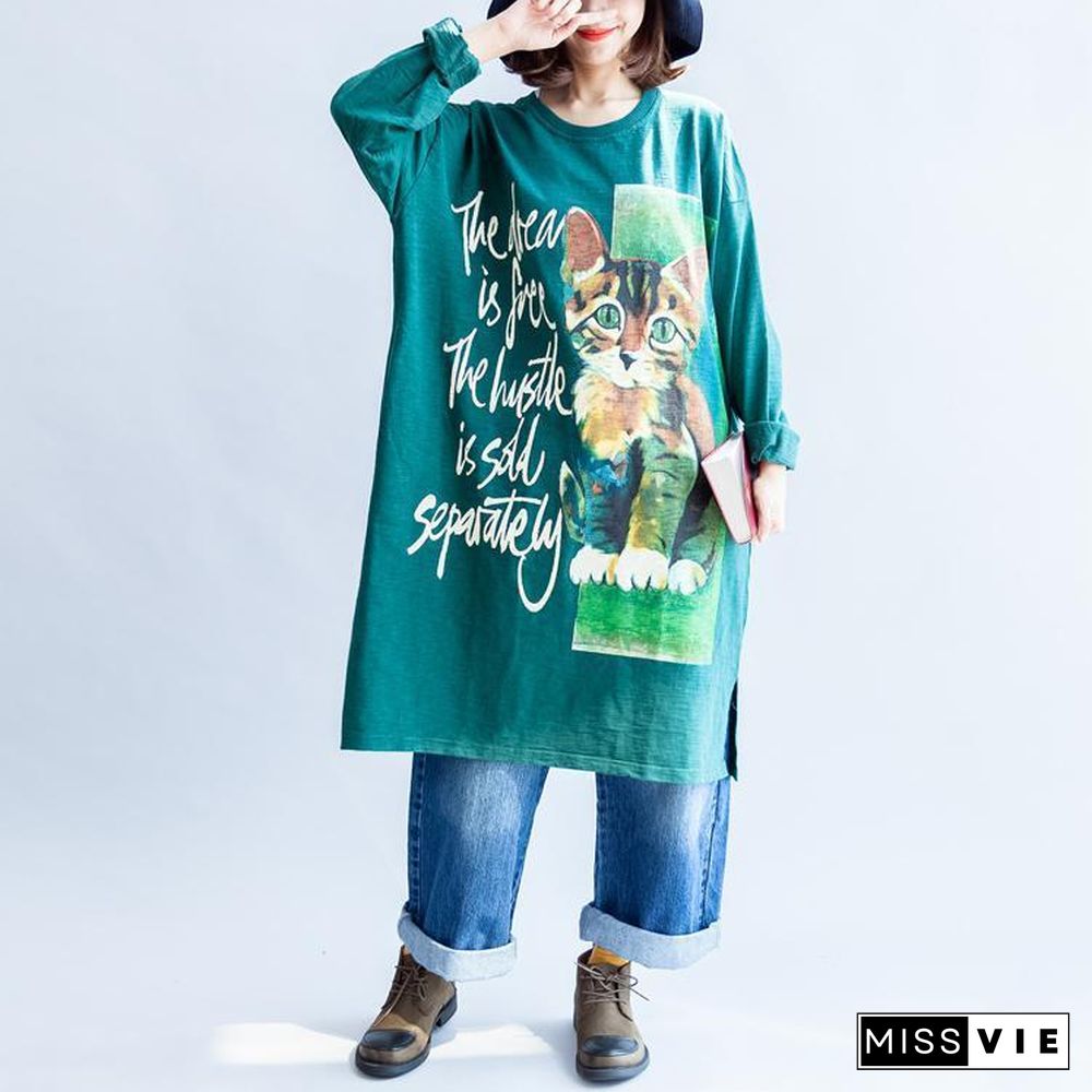 Pure cotton green cat print oversized dresses plus size causal jumpers