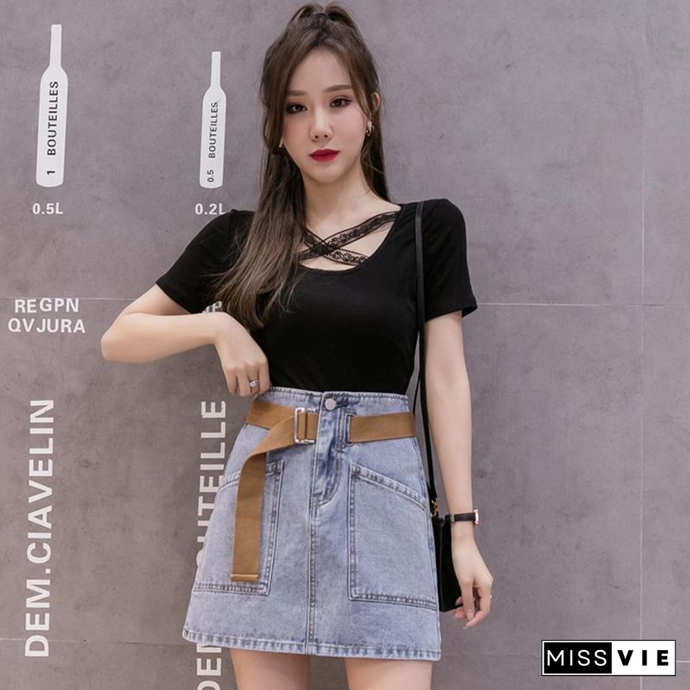 Solid Color Tee+Denim Skirt P15086