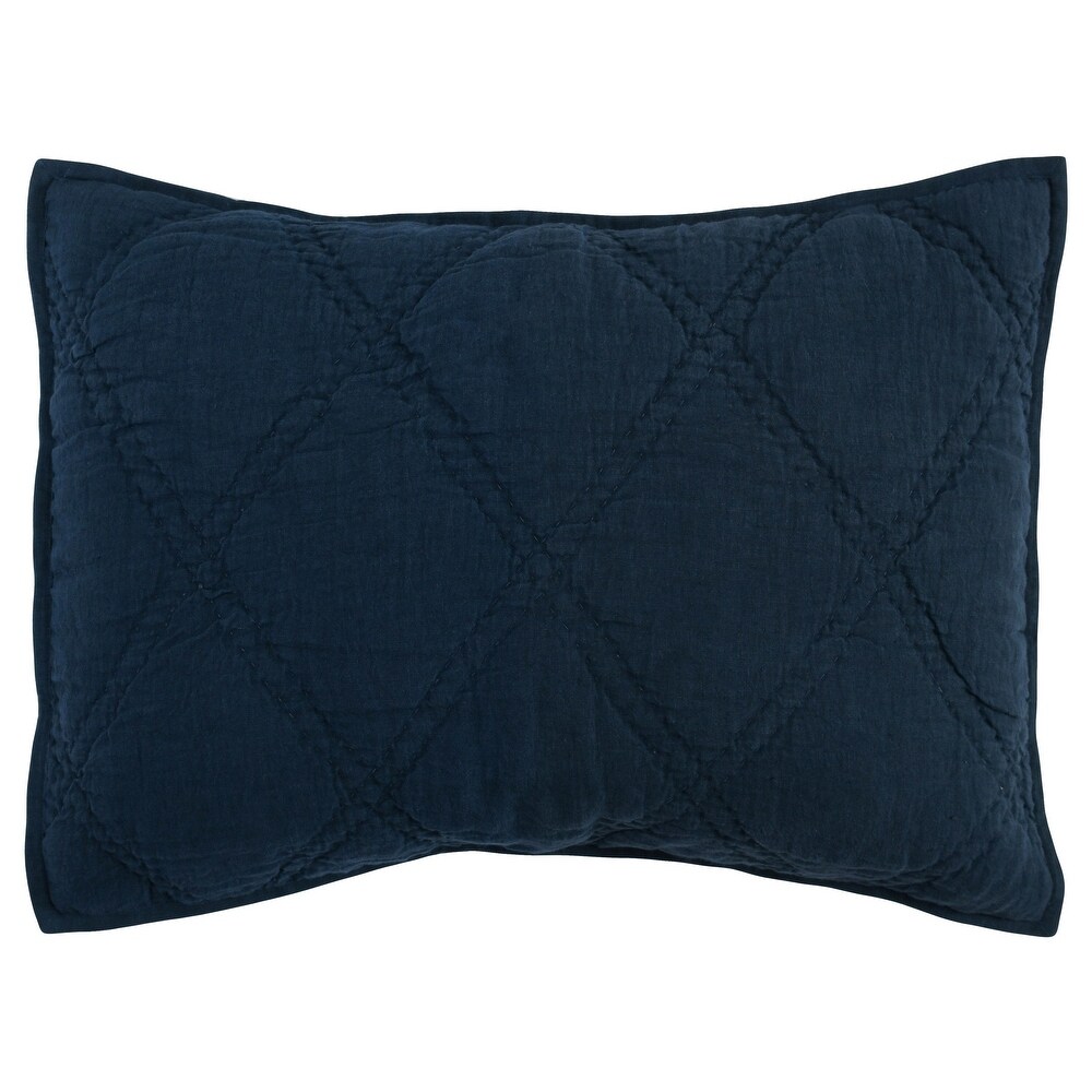 Hara 26 Inch Hand Quilted Standard Pillow Sham  Polyester Fill  Dark Blue