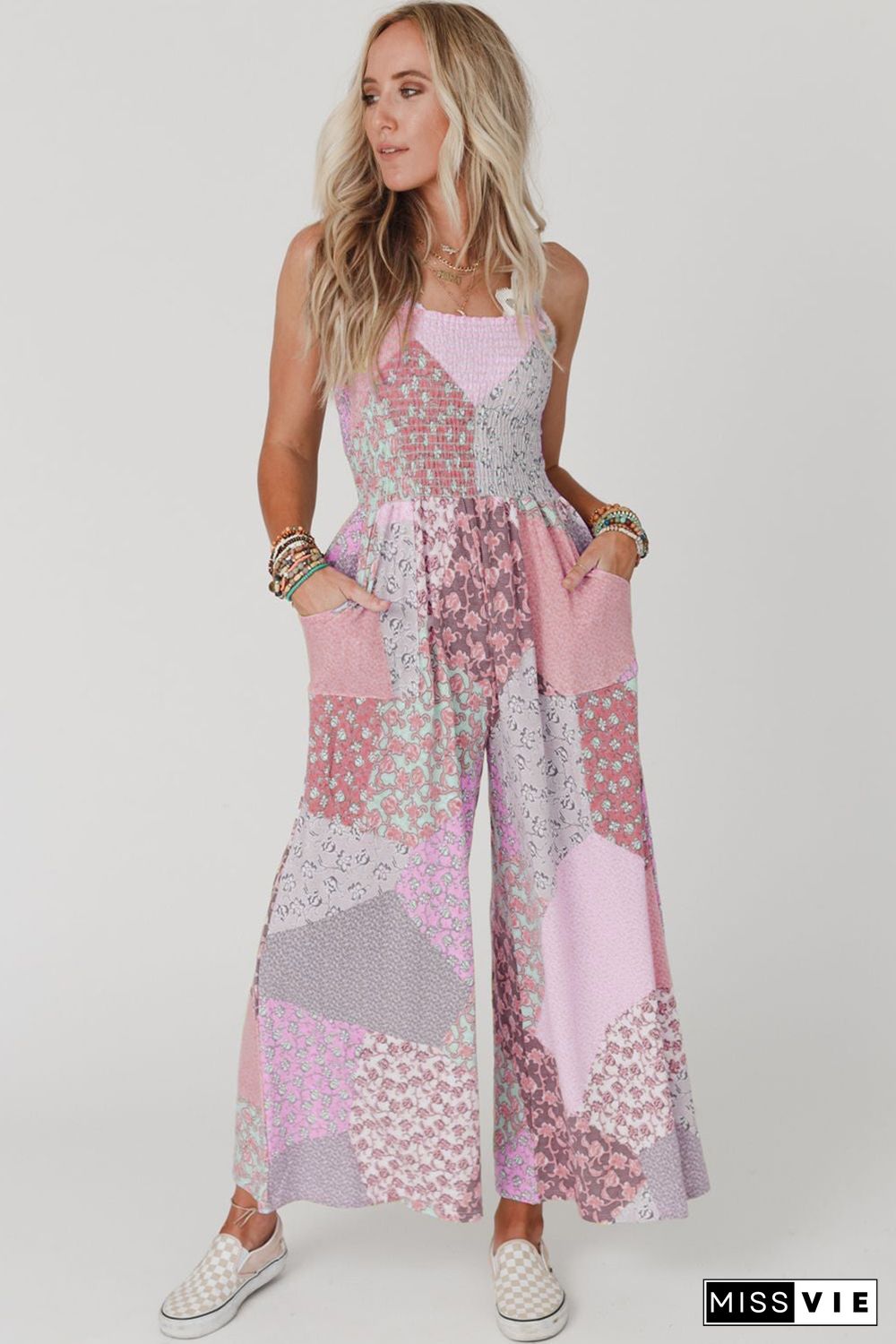 Pink Irregular Patchwork Print Smocked Wide Leg Jumpsuit