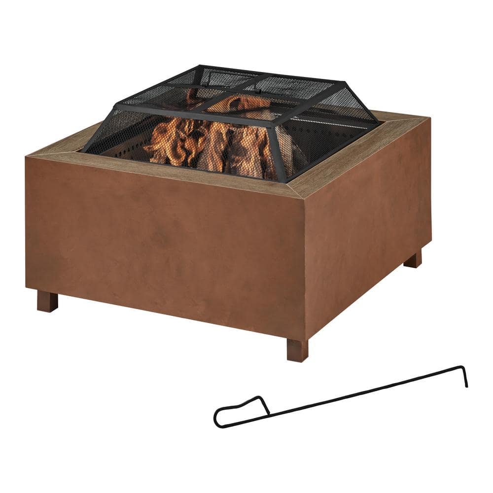 Hampton Bay Nickleby 33 in. Cube Steel Brown Low Smoke Wood Burning Fire Pit with Stainless Steel Bowl and Wood-look Tile Top 2391FP-3