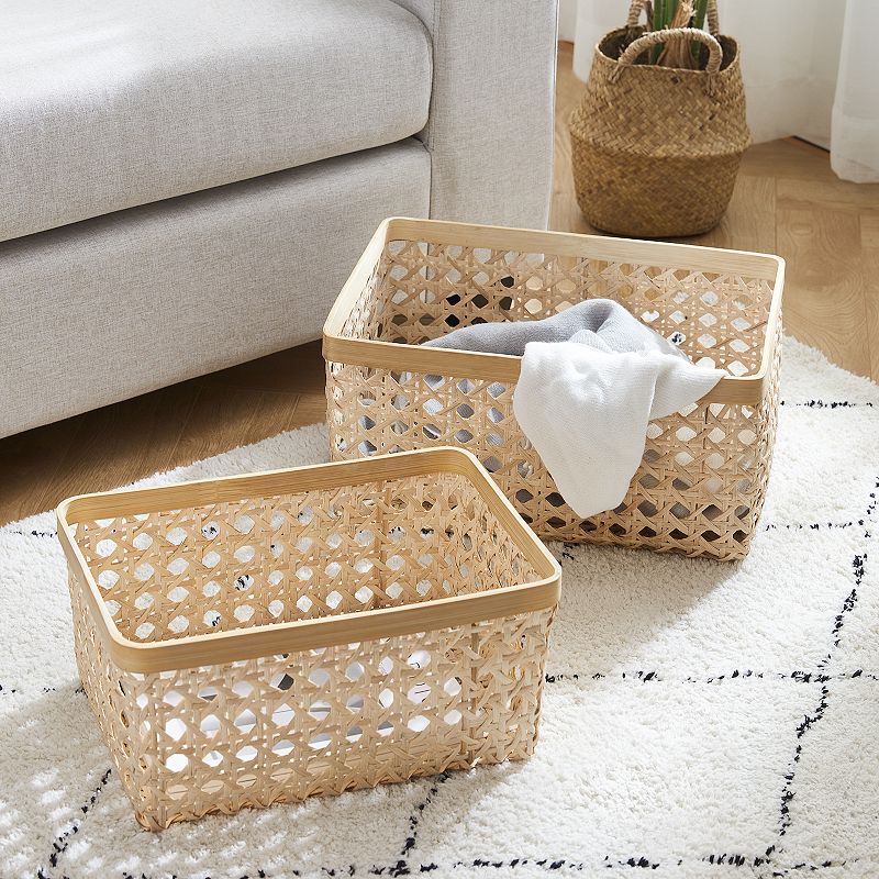 Saddle River Rectangular Natural Open Weave Cane Bamboo Rim Storage Bin 2-piece Set