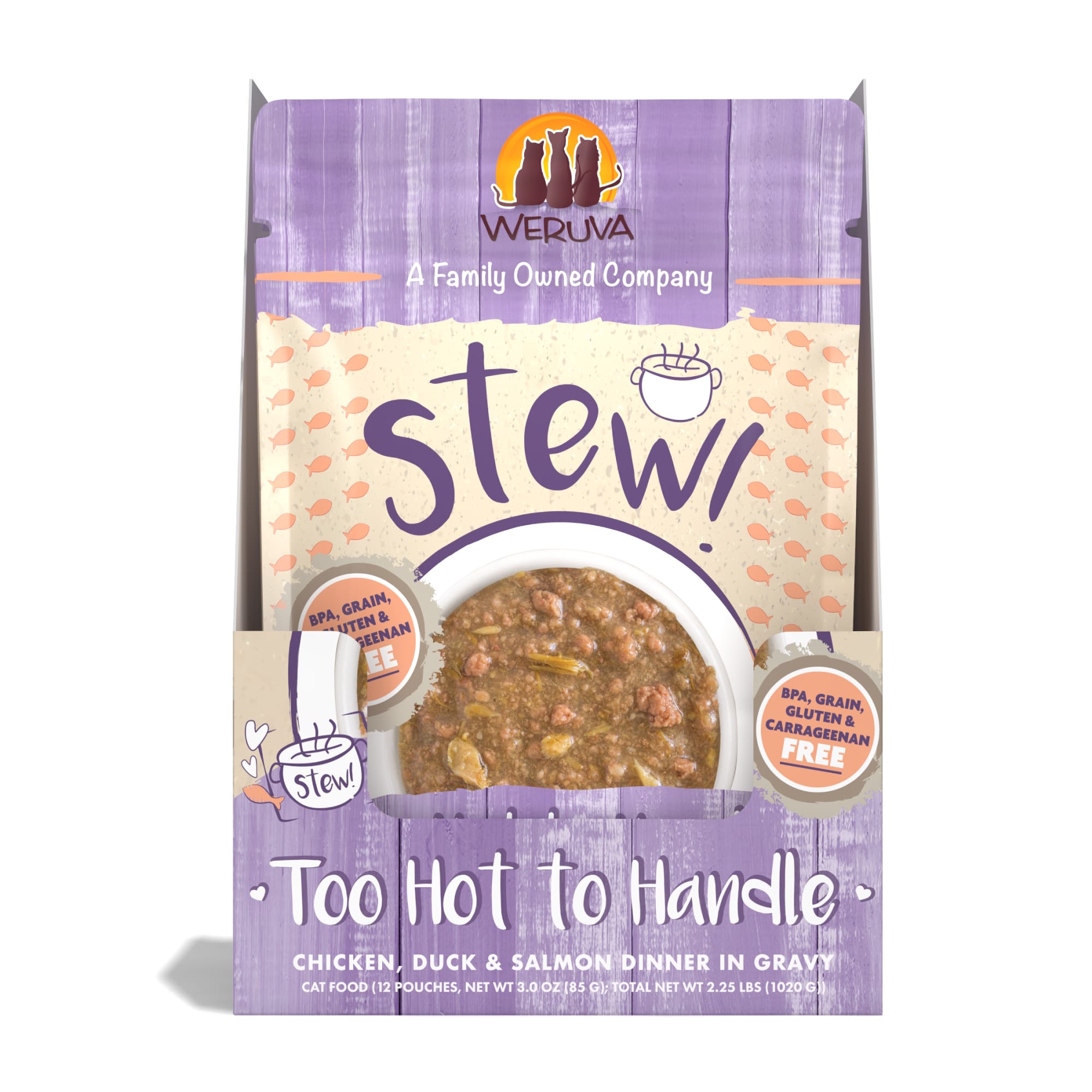 Weruva Stew! Too Hot to Handle Chicken， Duck and Salmon Dinner in Gravy Wet Cat Food， 3 oz.， Case of 12