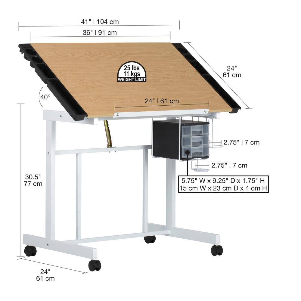 Studio Designs Deluxe 41 W Craft Station White  Maple Mobile Writing Desk with Adjustable Top and Storage 13251