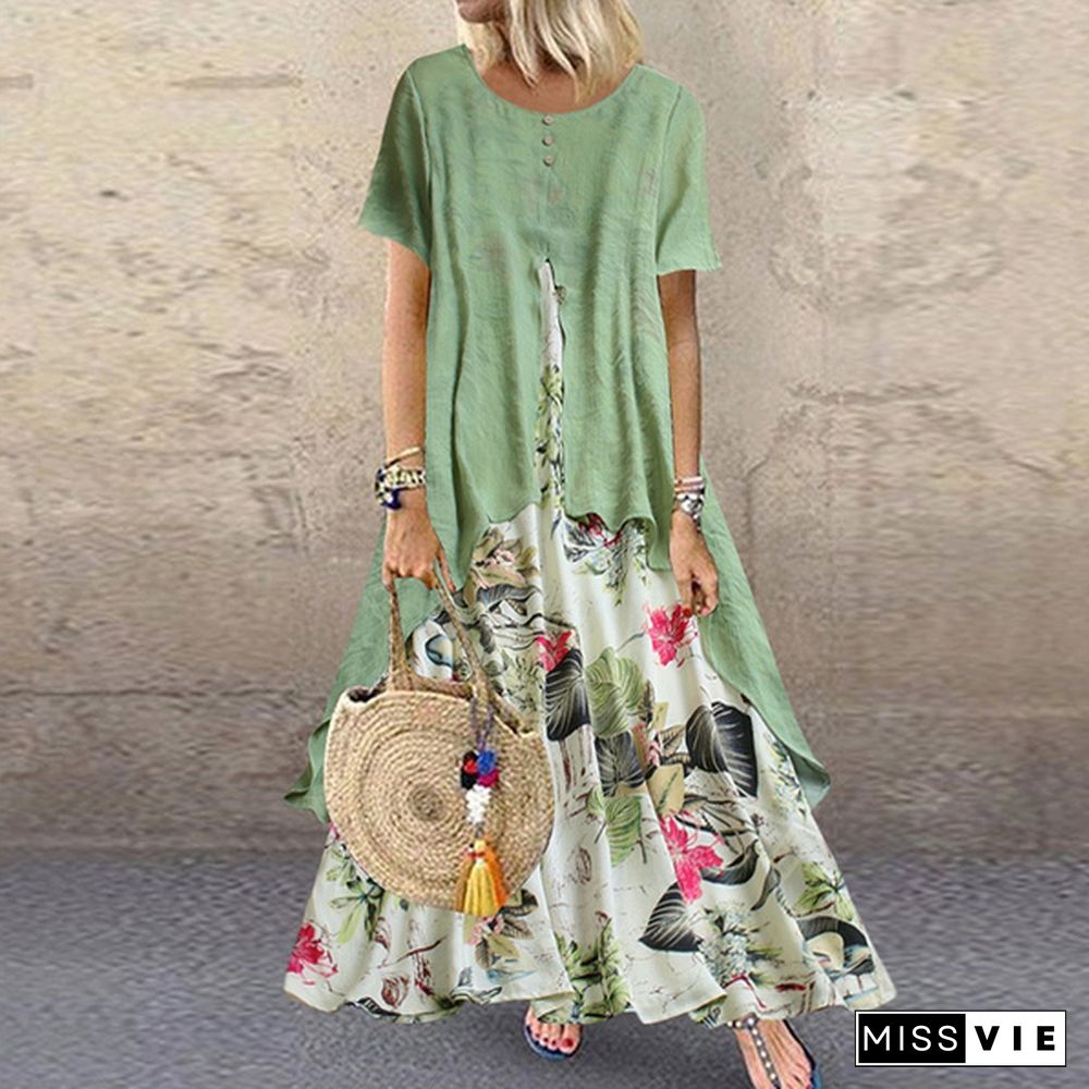 Women's Vintage Round Neck Short Sleeve Floral Print Dress Ladies Long Maxi Dress