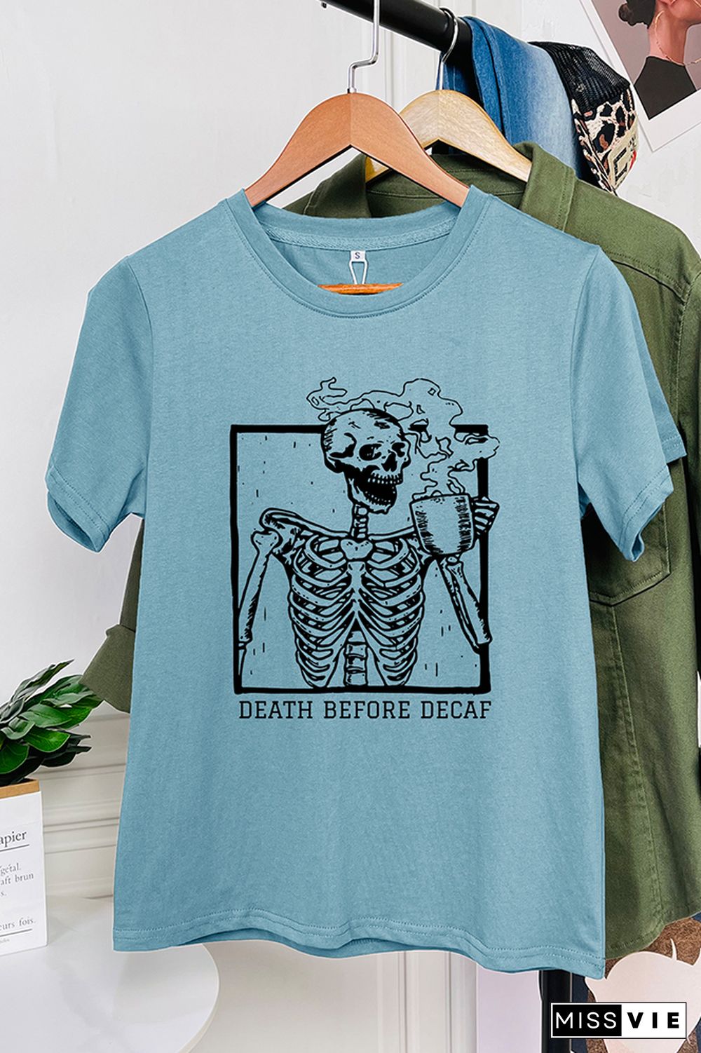 Skeleton Death Before Decaf Skeleton Drink Coffee Graphic T-Shirt Wholesale