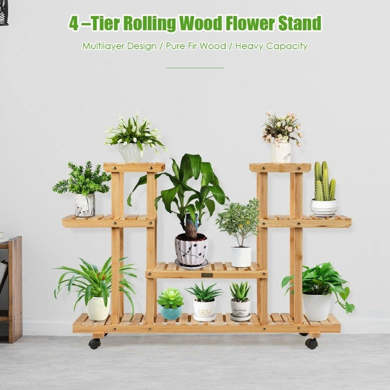 4 Tier Wood Plant Stand Rolling Flower Rack with 4 Wheels