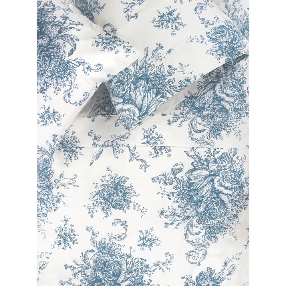 Printed Design Cotton Collection 400 Thread Count Light Blue Toile Bed Sheet Set