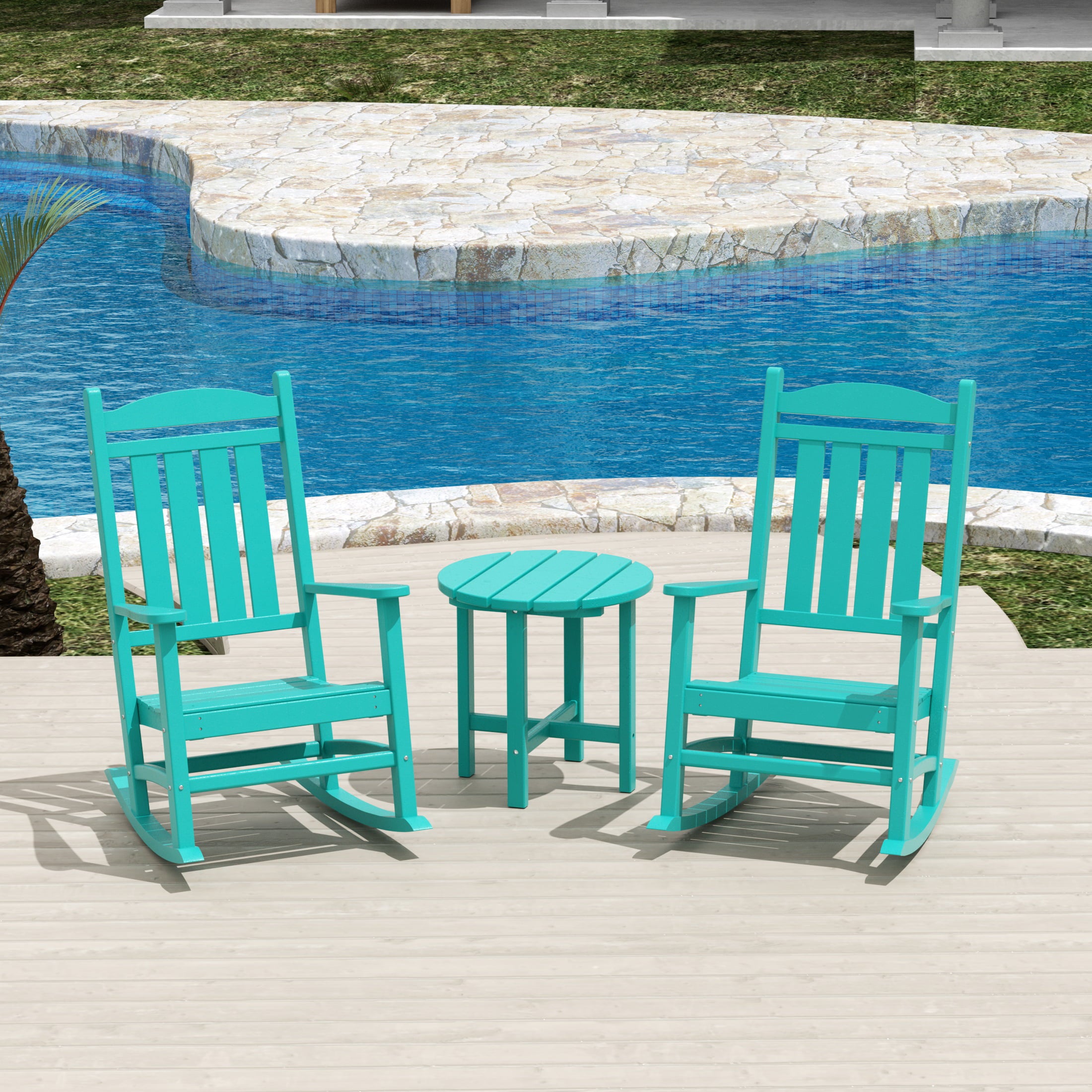 WestinTrends Malibu Classic 3 Piece Outdoor Rocking Chairs Set, All Weather Poly Lumber Adirondack Rocker Bistro Set Patio Deck Porch Chairs Set of 2 with Side Table, Turquoise