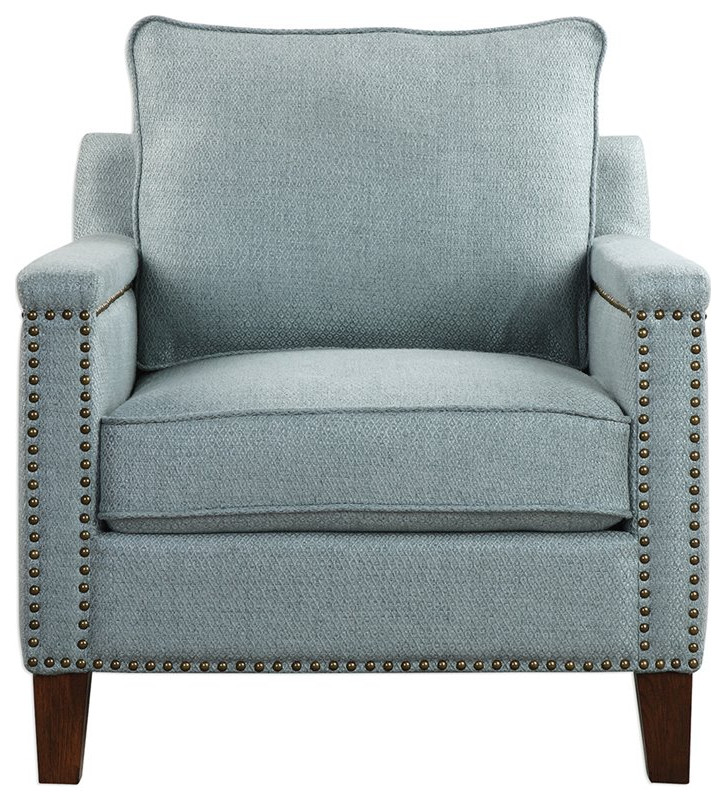 Uttermost Charlotta Coastal Wood and Fabric Accent Chair in Blue/Brass/Walnut   Transitional   Armchairs And Accent Chairs   by Buildcom  Houzz