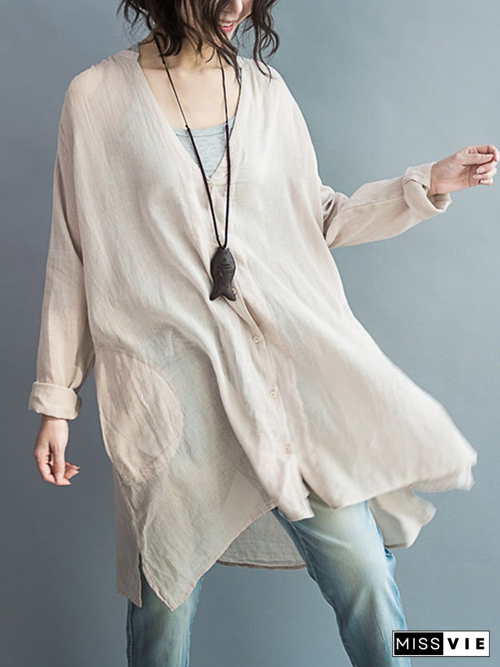 Original Solid Sun-Protection V-Neck Blouse Tops