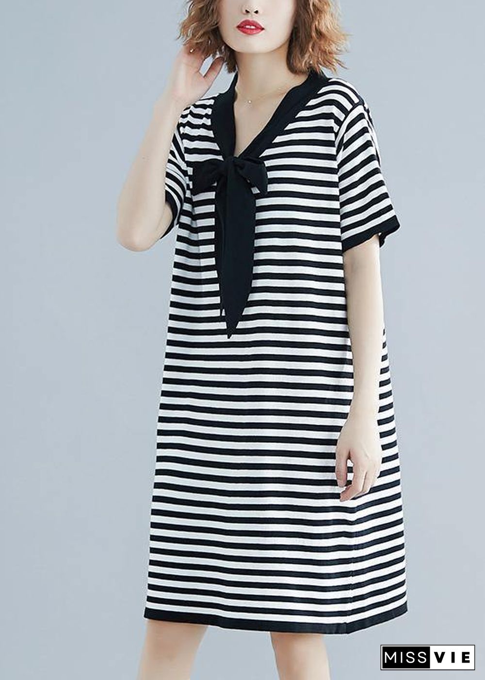 Beautiful Black White Narrow Striped Short Sleeve Summer Cotton Dress