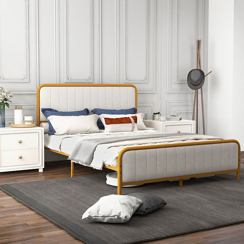 Upholstered Gold Platform Bed Frame with Velvet Headboard