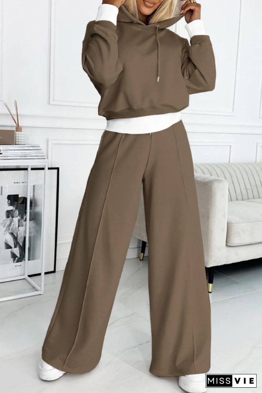 Colorblock Drawstring Hoodie & Wide Leg Pants Set