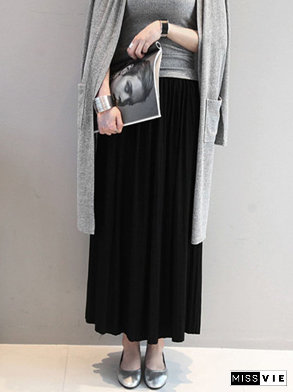 Casual Solid Color Elasticity Waist Pleated Skirts