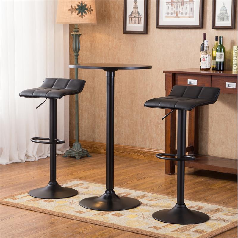 Roundhill Furniture Belham Black Round Top with Black Leg And Base Metal Bar Table and 2 Swivel Black Bonded Leather Adjustable Bar Stool Bar Sets