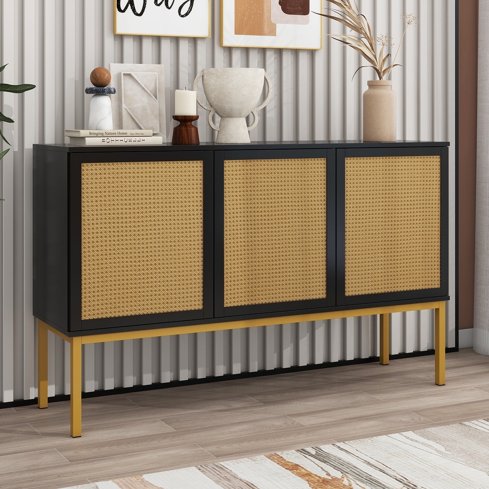 Large Storage Space Sideboard with Artificial Rattan Door and Rebound Device for Living Room   Entryway