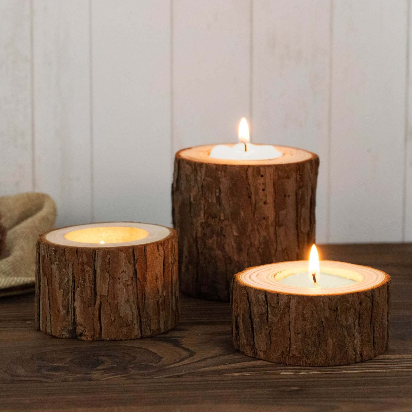 Set of 3 Assorted Farmhouse Wood Slice Votive Candle Holders, Rustic Tree Branch Wedding Table Décor 2.75