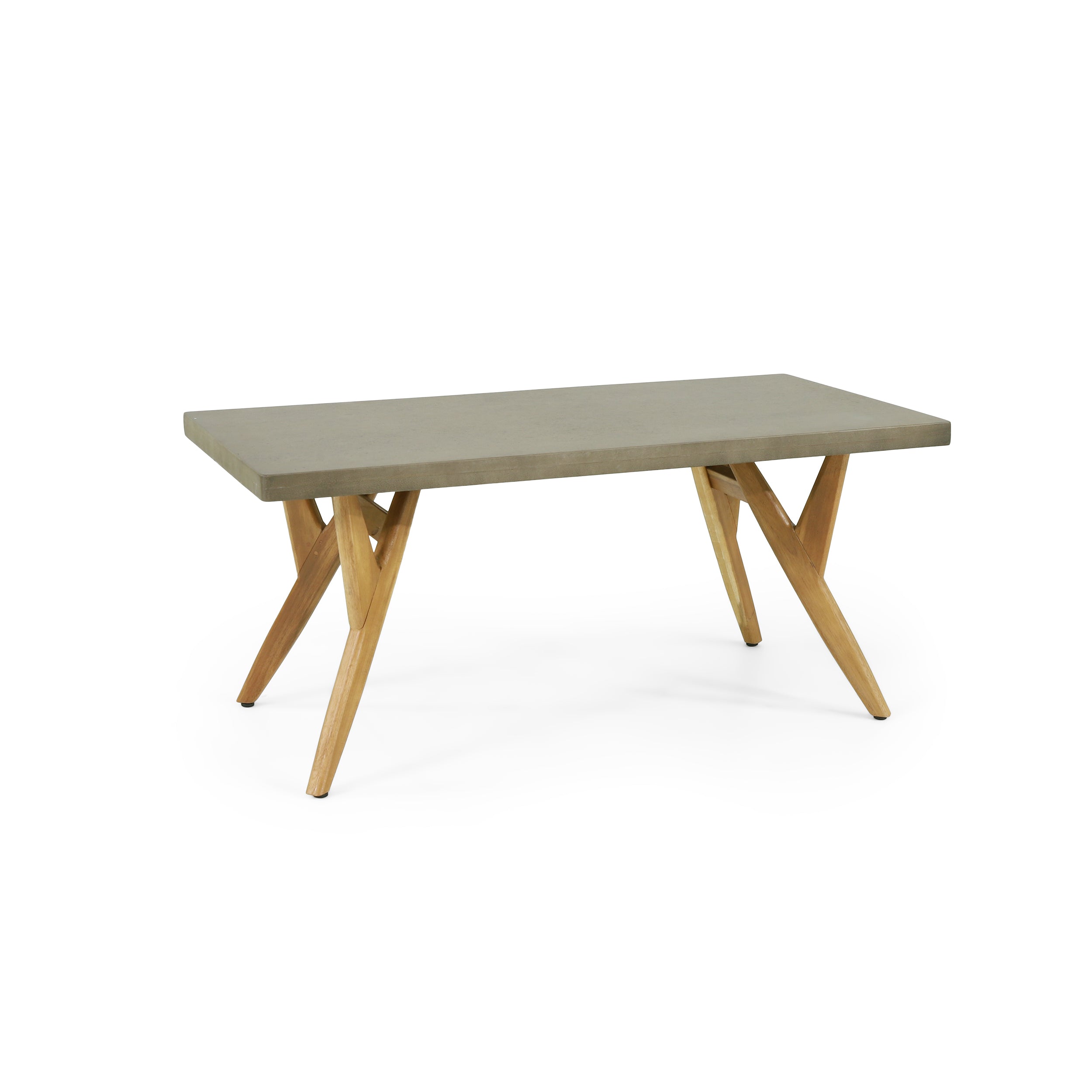 Loverin Outdoor Acacia Wood and Cast Stone Coffee Table, Teak and Light Gray