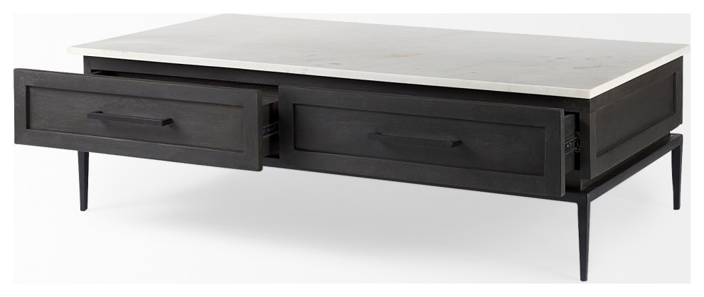 Divina 54Lx30.5W Dark Brown  White Marble Top  Black Metal Base Coffee Table   Midcentury   Coffee Tables   by Mercana  Houzz