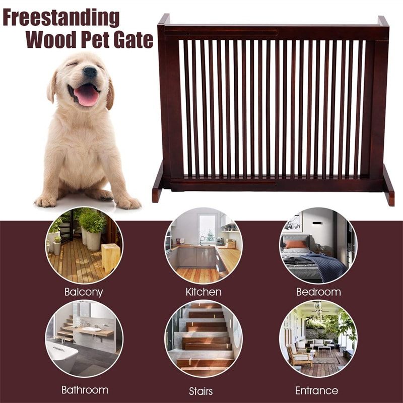 Freestanding Pet Gate Expandable Wood Dog Gate 28''- 80'' Adjustable Step Over Pet Fence for Indoor