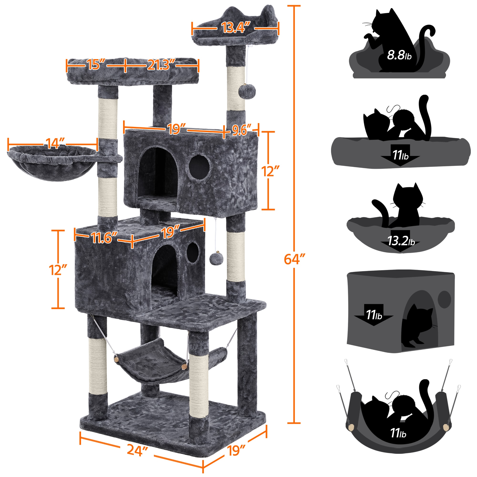 Topeakmart Dark Gray 4-Level Large Cat Tree with Wide Perch for Small Cats， 64.5