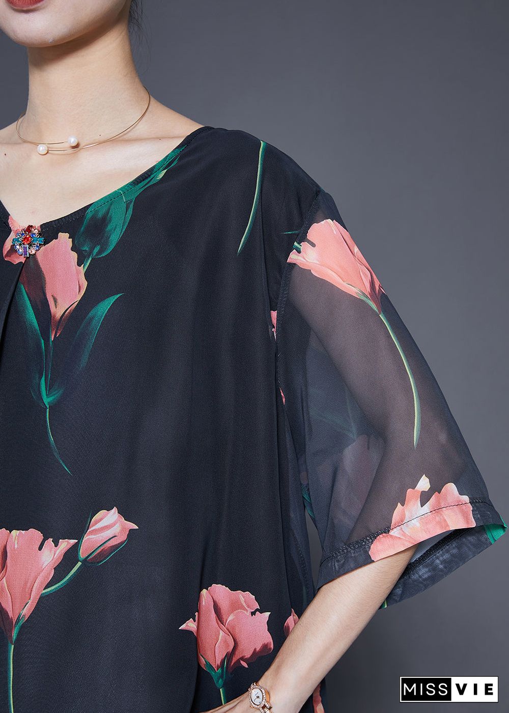 Fashion Black Oversized Floral Chiffon Shirt Top Summer