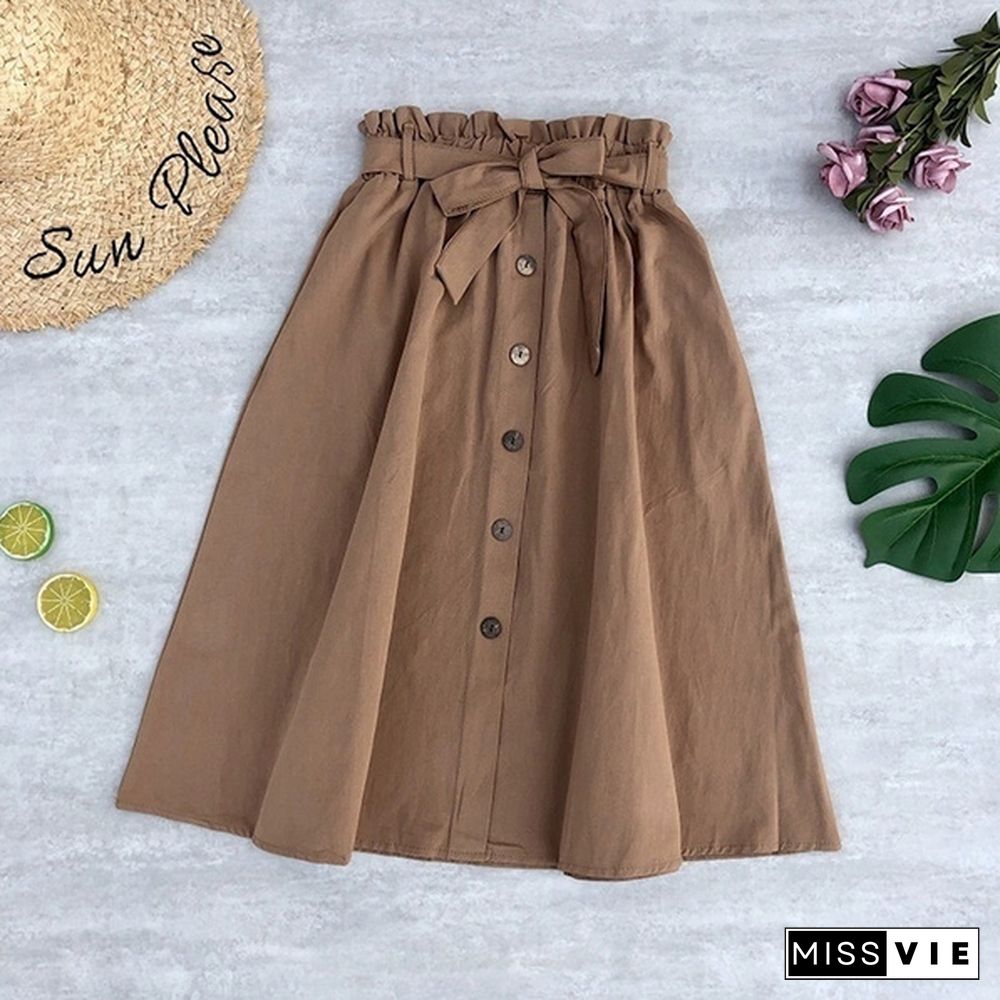 Women Skirts Fashion High Waist Skirt Women Spring Summer Midi Skirts Womens Elastic Waist Ladies Skirts With Belt