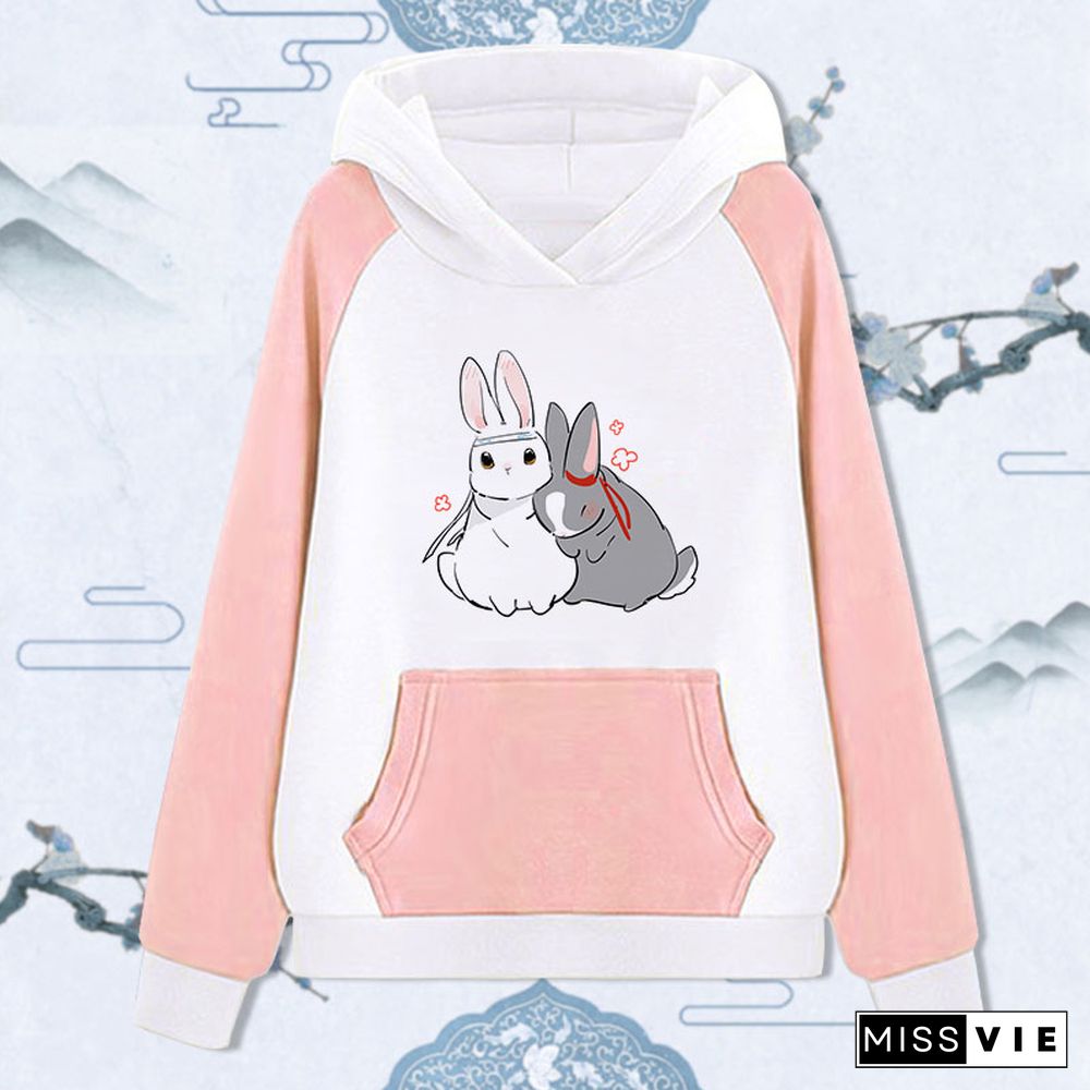 Cute Rabbit Print Pocket Hoodie