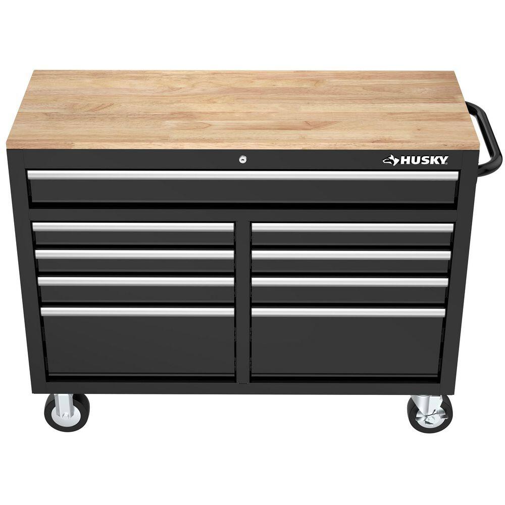 Husky 46 in. W x 18 in. D 9-Drawer Gloss Black Mobile Workbench Cabinet with Solid Wood Top H46X18MWC9BLK