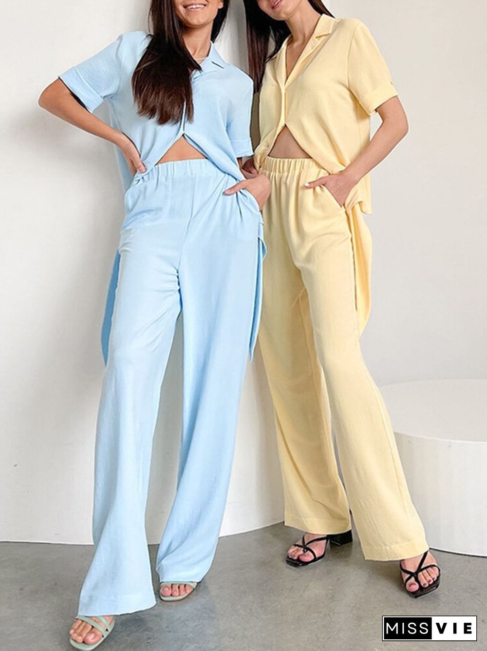 Women Solid Two Piece Set Summer Short Sleeve Lapel Lace-up Shirt + Elastic Waist Straight Pants Suit Casual Loose Ladies Suits