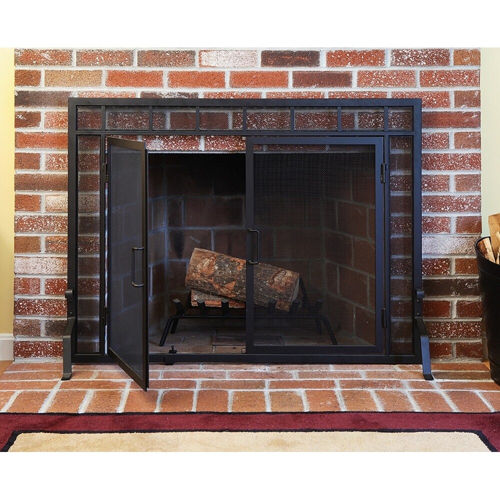 Minuteman International Sidelight Classic Fireplace Screen w/Doors  44 Inch Long  Matte Black