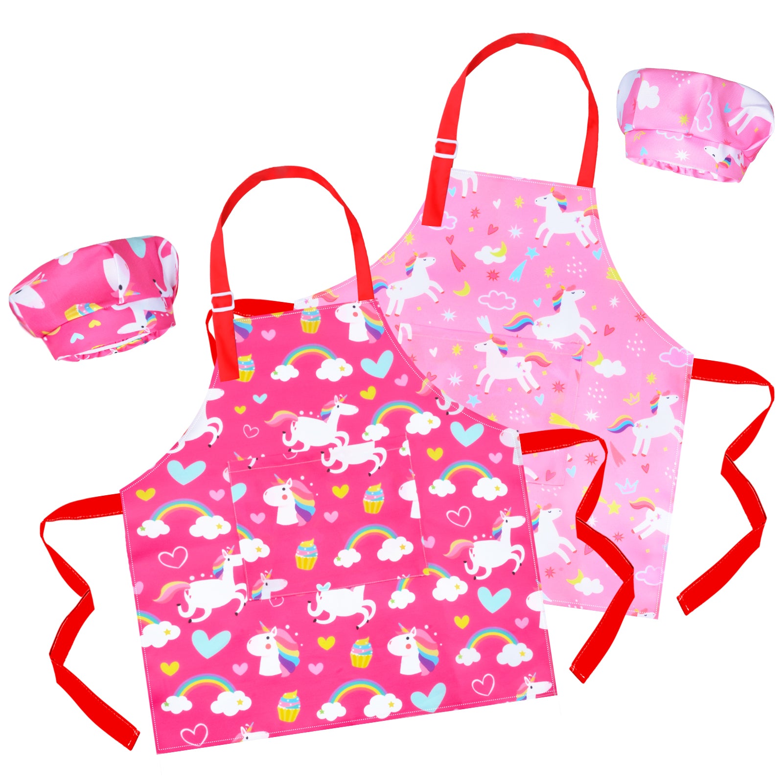 Sylfairy Aprons for Kids Girls with Hat and Big Pocket Kitchen Chef Aprons Smock for Cooking Baking and Gardening (Pink+Rose Red， S， 3-5Years)