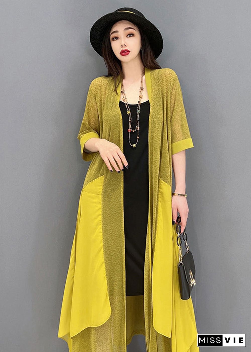 Casual Yellow Asymmetrical Design Patchwork Loose Long Cardigans Summer