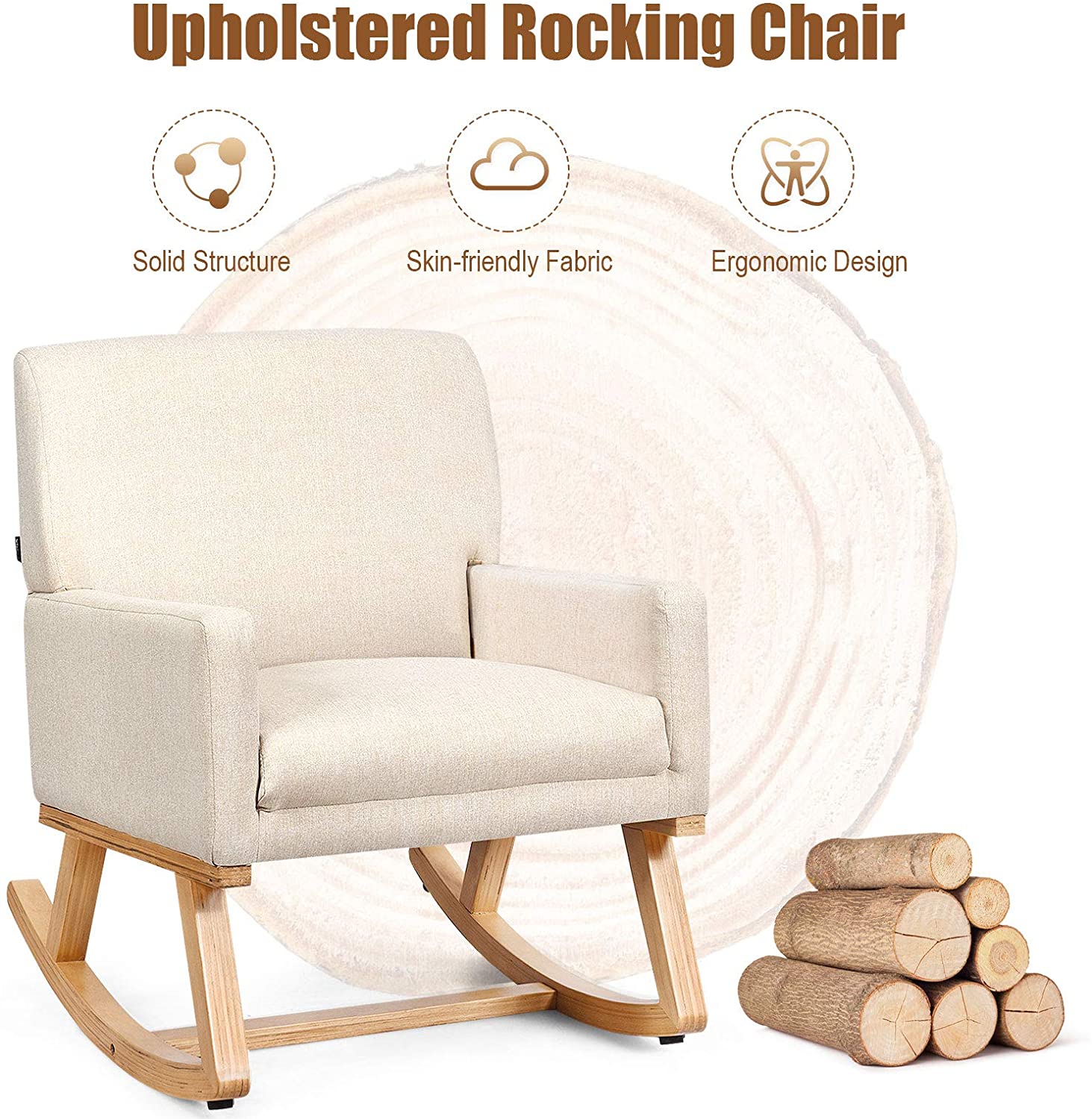 Giantex Upholstered Rocking Chair with Fabric Padded Seat and Solid Wood Base