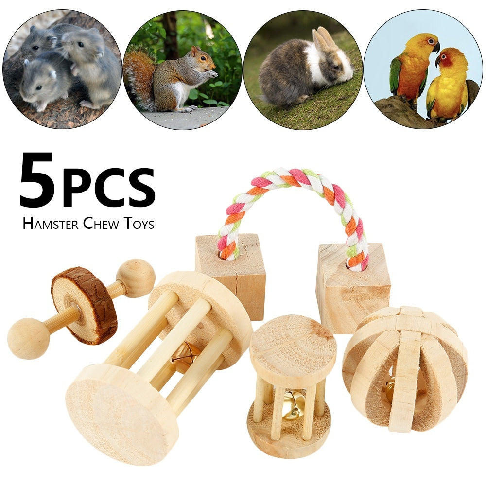 Willstar 5PCS Hamster Chew Toys Natural Wooden Play Toy Exercise Bell Roller Teeth Care Molar Toy for Bunny Rabbits Rats Gerbils and Other Small Pets