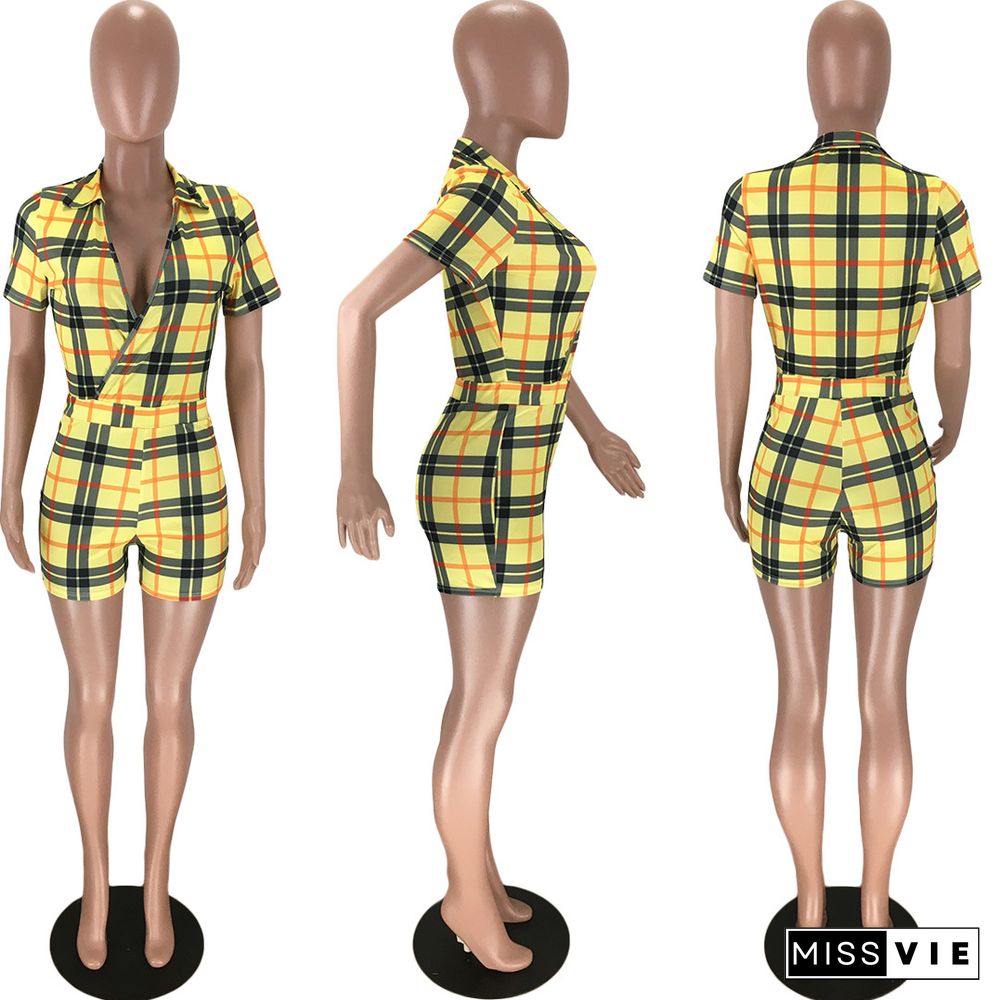 Sexy Check Print V-Neck Short Sleeve Mid-Waist Romper