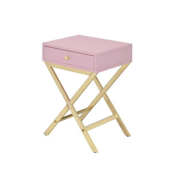 Wood and Metal Side Table with Crossed Base， Pink and Gold