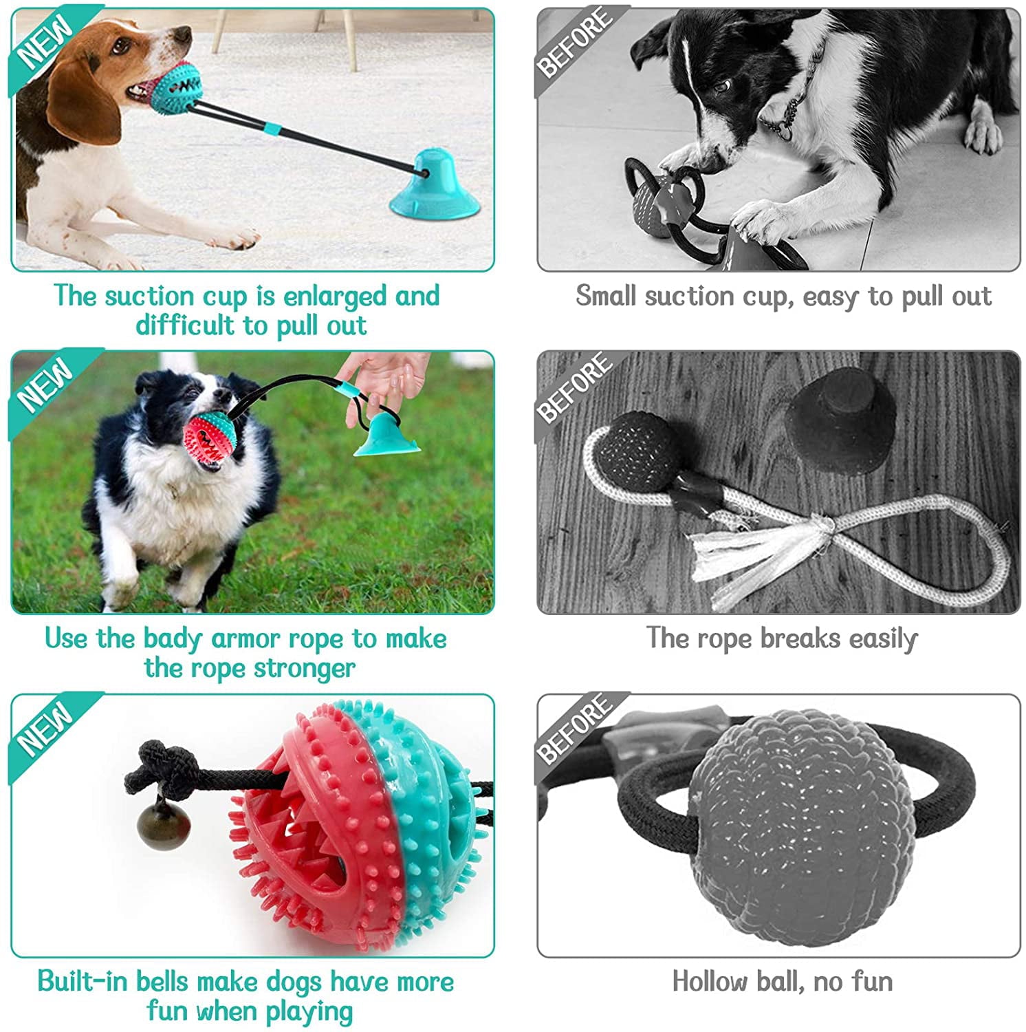 Dog Chew Suction Cup Tug of War Toy Multifunction Interactive Pet Aggressive Chewers Rope Puzzle Toothbrush Molar Bite Squeaky Toys Ball with Teeth Cleaning for Small Large Dogs