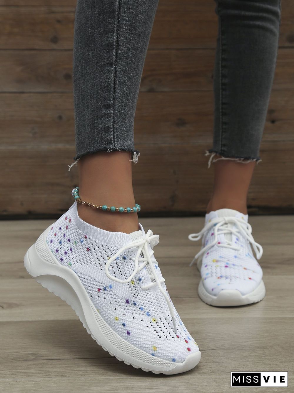 Multicolored Polka Dot Print White Flyknit Sneakers