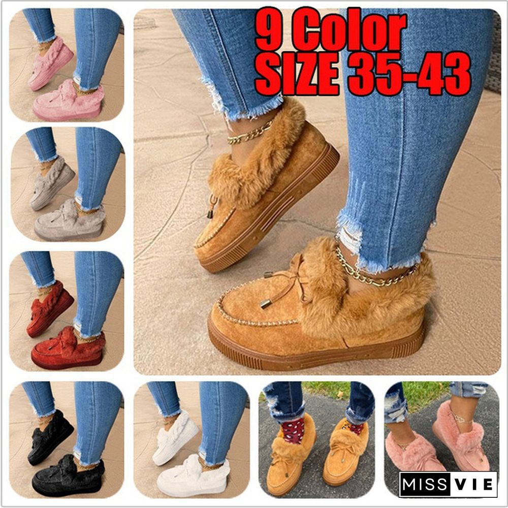 Womens Comfort Winter Comfy Suede Casual Fashion Flat Snow Boots Faux Fur Trim Bow Accent Slipper