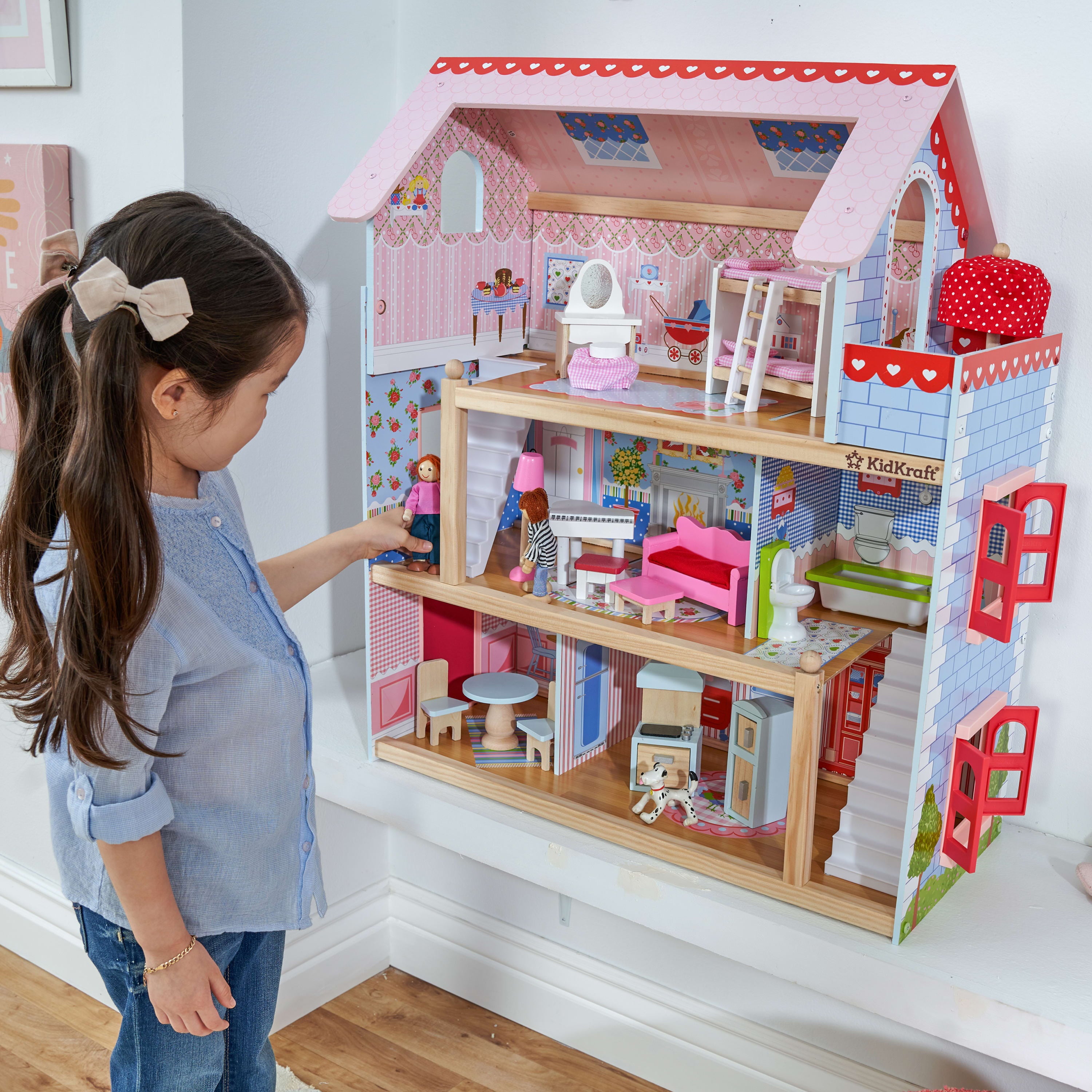 KidKraft Chelsea Doll Cottage Wooden Dollhouse with 16 Accessories， for 5-Inch Dolls