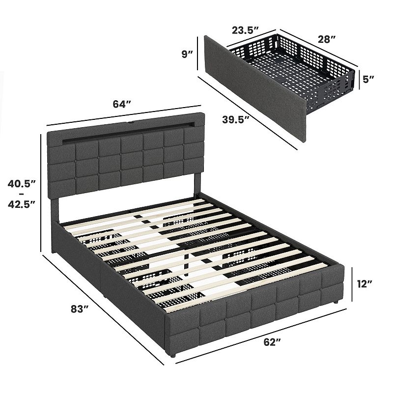 🔥(Last Day Sale 70% OFF) 💥CLEARANCE SALE💥Upholstered Queen Led Bed Frame With Headboard And 4 Drawers