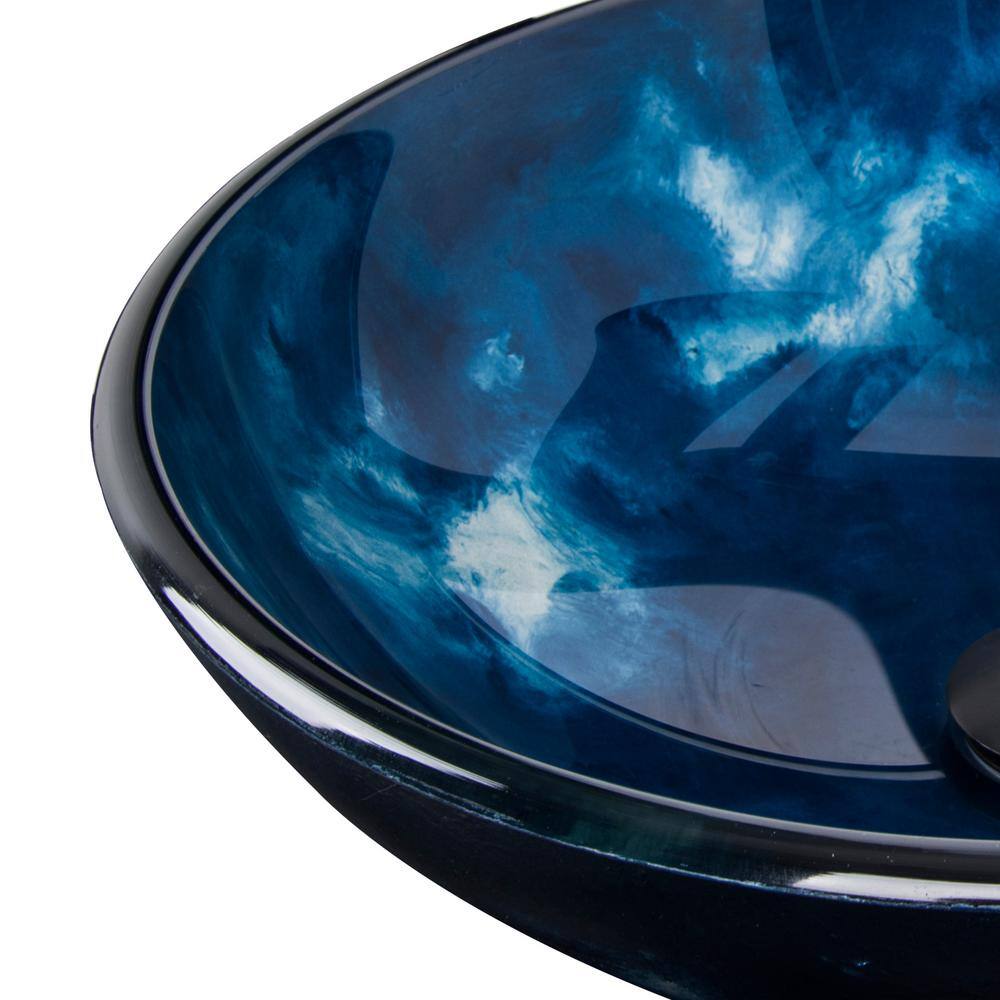 Puluomis Ocean Blue Glass Round Vessel Sink with Faucet Pop Up Drain Set USBA20077