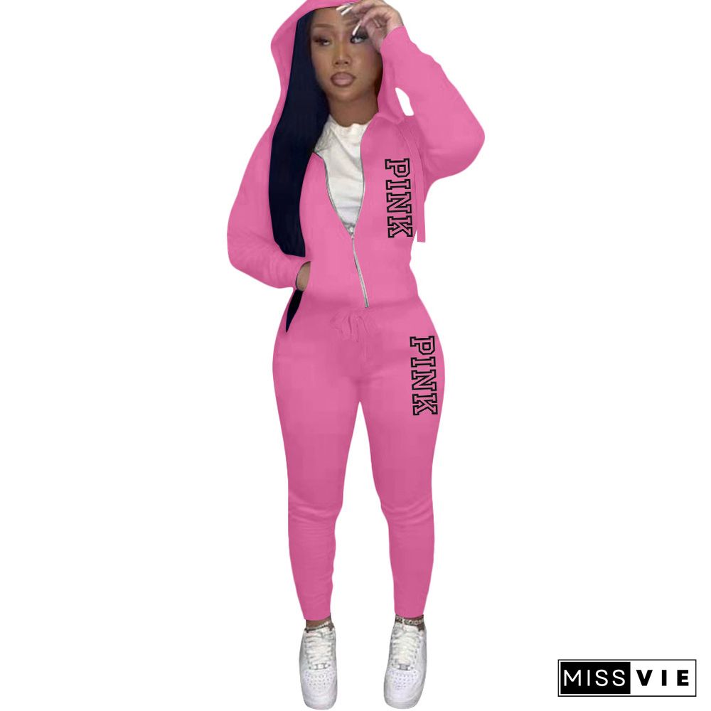 PINK Letter Print Hooded Coat Sporty Pants 2 Piece Set