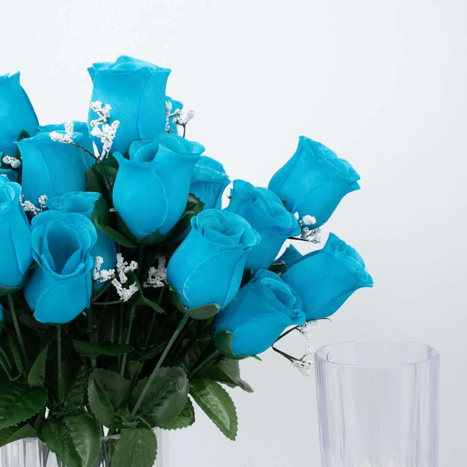 12 Bushes Turquoise Artificial Premium Silk Flower Rose Bud Bouquets