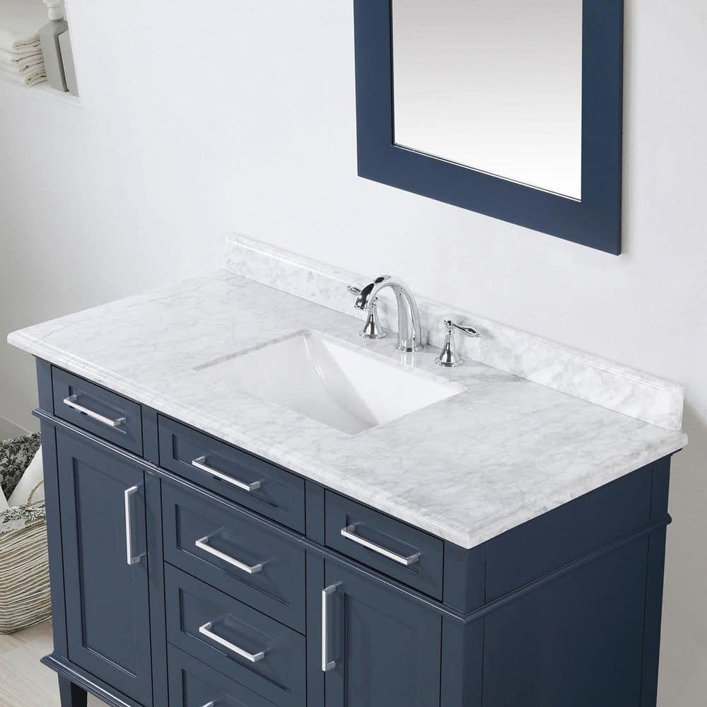 Home Decorators Collection Sonoma 48 in W x 22 in D x 3450 in H Bath Vanity in Midnight Blue with Carrara Marble Top