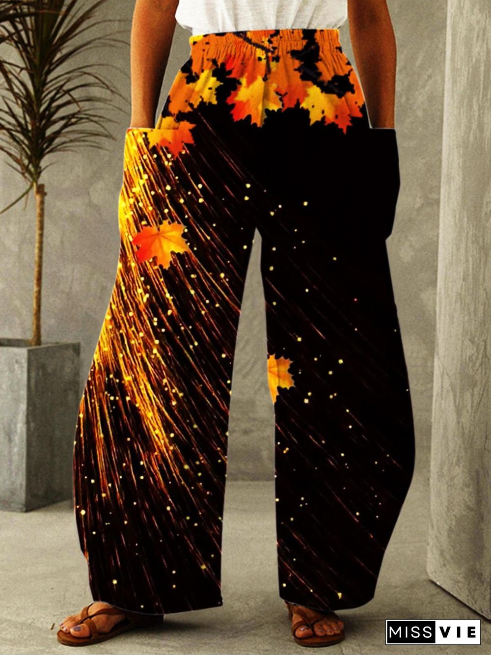 Autumn Maple Leaf Print Casual Pants